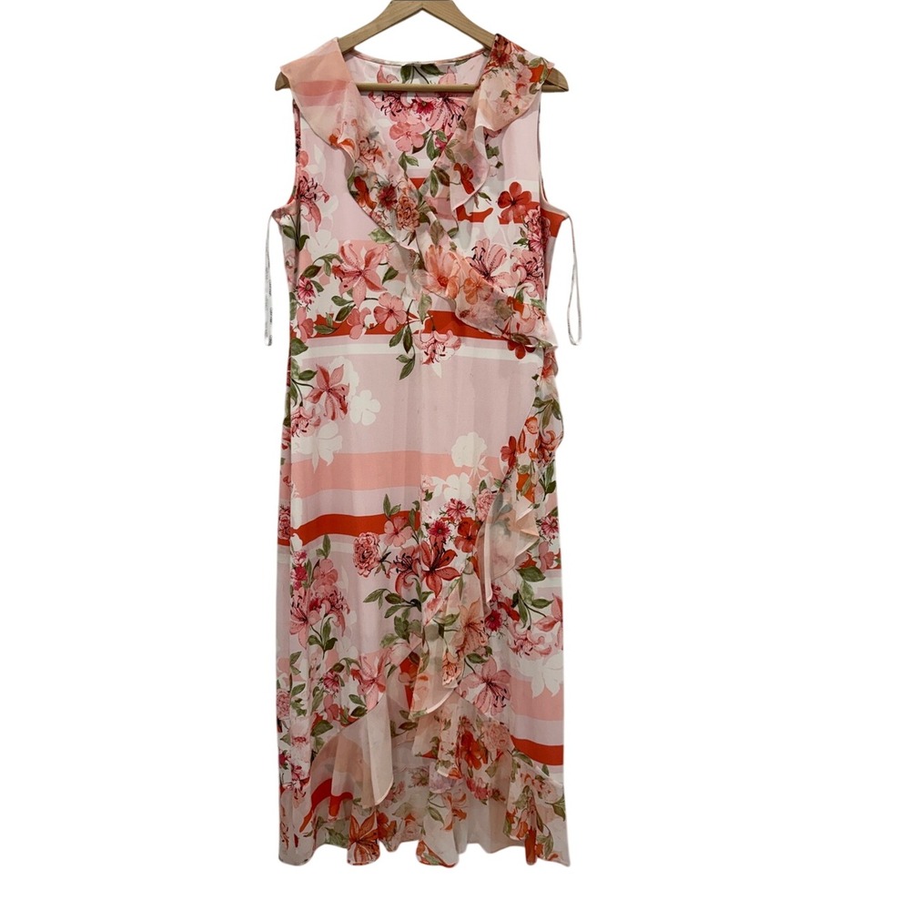 Calvin Klein Pink Floral Ruffle Faux Wrap Midi Dress Sleeveless Size Large
